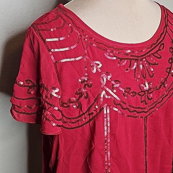 MSSP Red Sequin Blouson Flutter Sleeve top Large - Picture 3 of 8